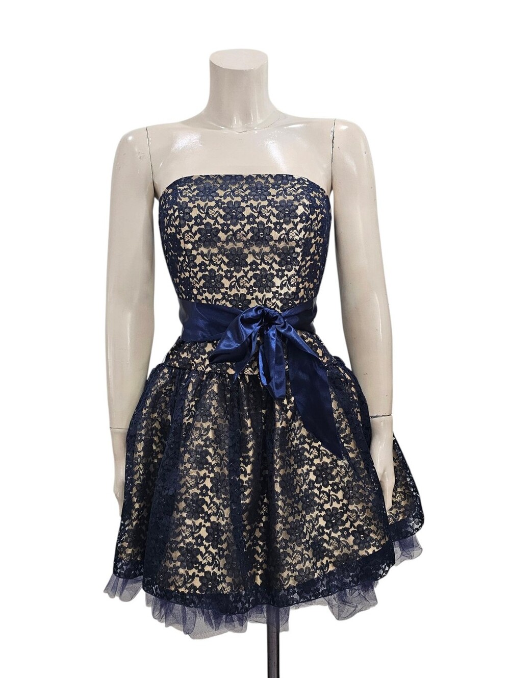JESSICA McCLINTOCK Blue Gold Lace Fit Flare Strapless Cocktail Prom Dress 4